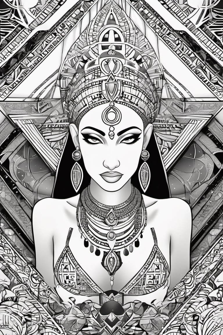 black and white comic book, cartoon illustration, coloring book page, black woman, egyptian art, ankh, pyramid, djed,  illustration,  black and white coloring book style, clean, line art, fractal art, sacred geometry, 432hz cymatics, kemet, african meditation, 7 energy chakras,3d style,tshirt design,gh3a,c0l0 style