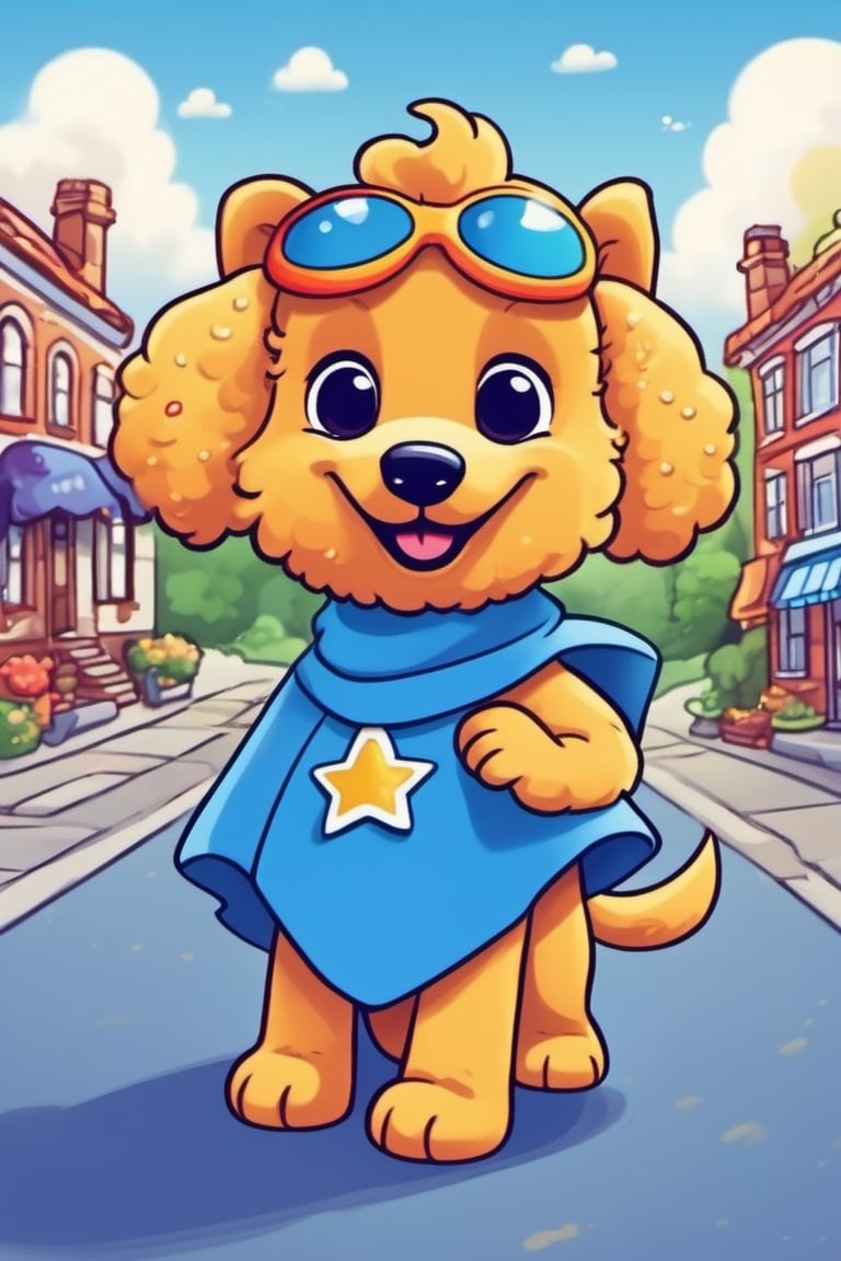 dog, a colorful town, a superhero poodle, wearing a special toothbrush cape and toothpaste mask, flying around the town, sparkly blue cape, her toothpaste mask had a big, bright smile
,cute comic,cute dragon