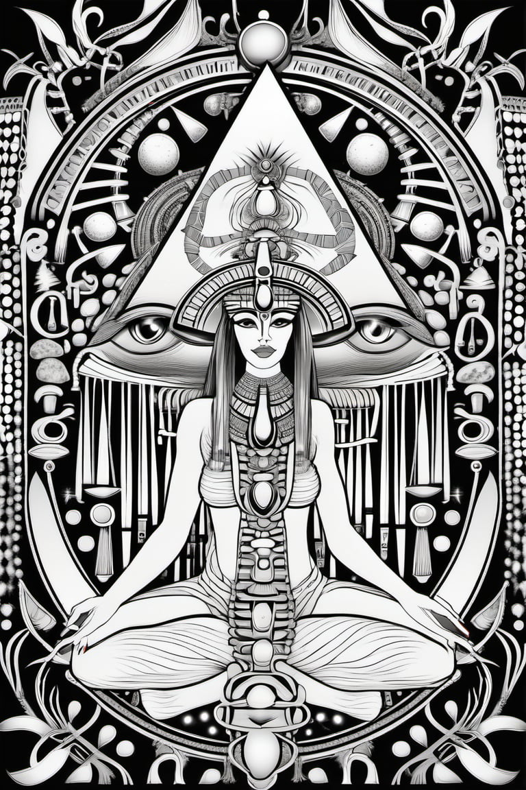 egyptian art, ankh, pyramid, djed, kundalini energy, illustration, black and white, clean, line art, fractal art, sacred geometry, black and white, adult black and white coloring book style, 432hz cymatics, kemet, african meditation, 7 energy chakras