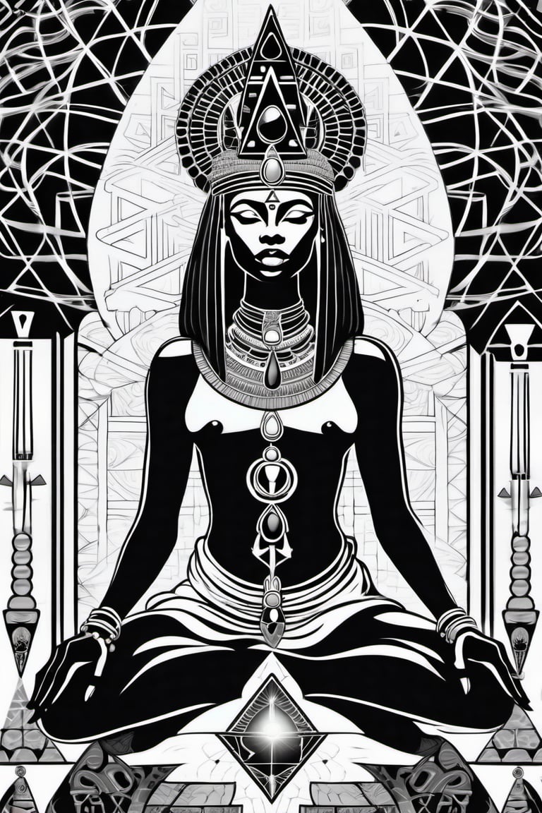 black woman, egyptian art, ankh, pyramid, djed,  illustration, black and white, clean, line art, fractal art, sacred geometry, black and white, adult black and white coloring book style, 432hz cymatics, kemet, african meditation, 7 energy chakras,Leonardo Style