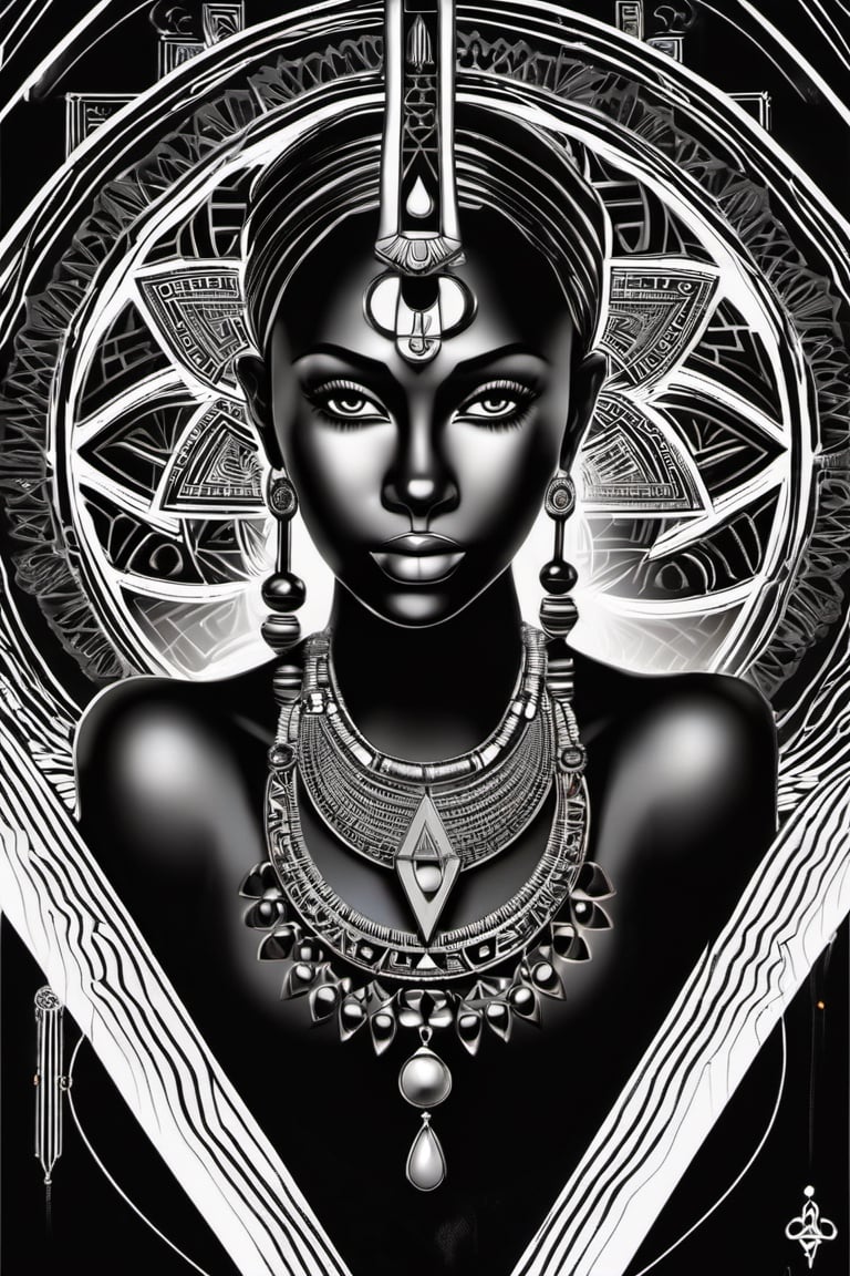 black woman, egyptian art, ankh, pyramid, djed,  illustration,  clean, line art, fractal art, sacred geometry, 432hz cymatics, kemet, african meditation, 7 energy chakras,