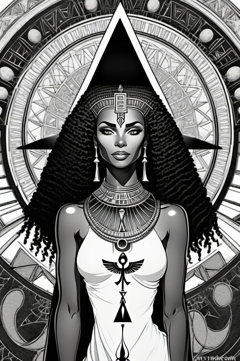 black woman, egyptian art, ankh, pyramid, djed,  illustration, black and white, clean, line art, fractal art, sacred geometry, black and white, adult black and white coloring book style, 432hz cymatics, kemet, african meditation, 7 energy chakras,Leonardo Style