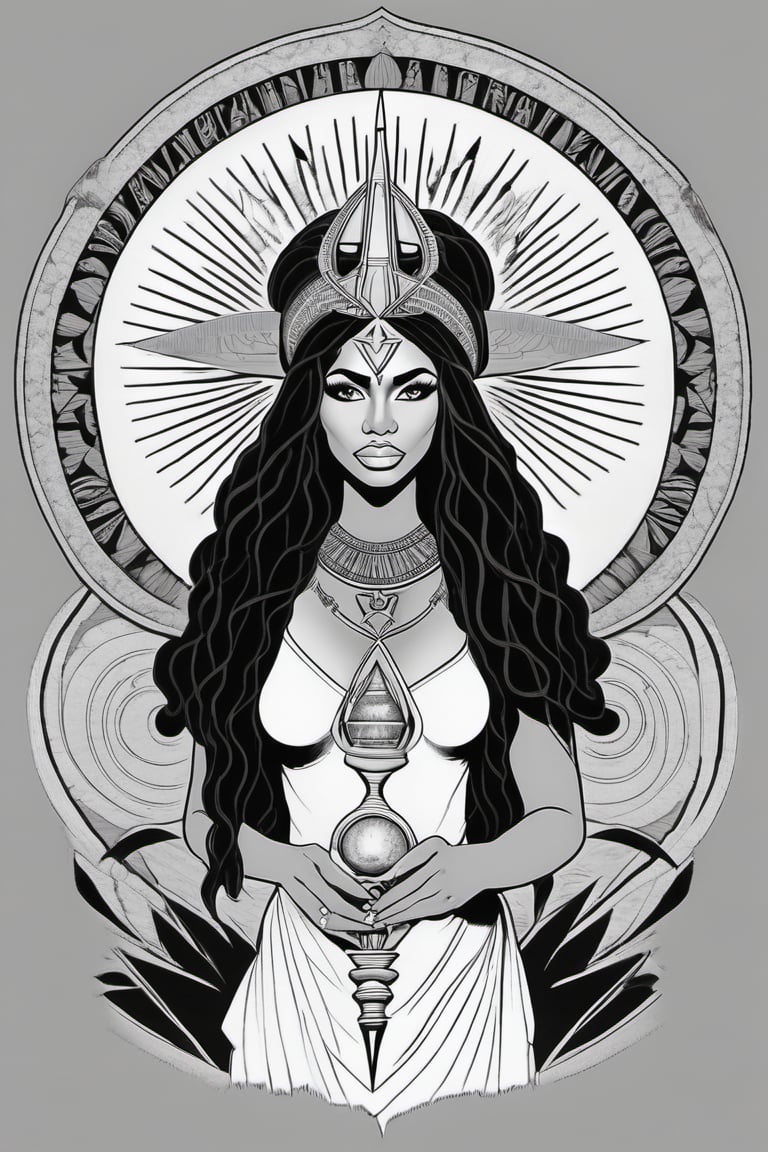 black woman, egyptian art, ankh, pyramid, djed,  illustration, black and white, clean, line art, fractal art, sacred geometry, black and white, adult black and white coloring book style, 432hz cymatics, kemet, african meditation, 7 energy chakras,Leonardo Style