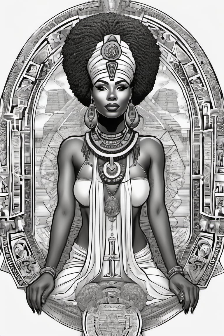 black woman, egyptian art, ankh, pyramid, djed,  illustration, black and white, clean, line art, fractal art, sacred geometry, black and white, adult black and white coloring book style, 432hz cymatics, kemet, african meditation, 7 energy chakras,Leonardo Style