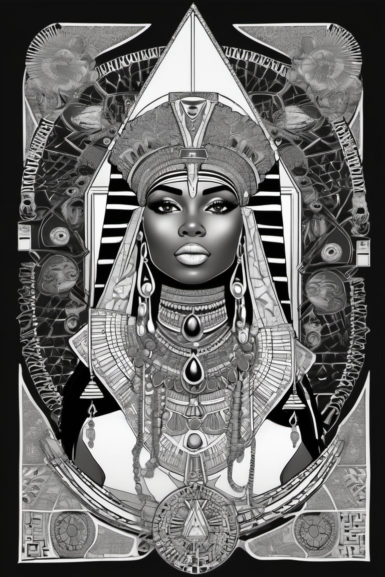 black woman, egyptian art, ankh, pyramid, djed,  illustration, black and white, clean, line art, fractal art, sacred geometry, black and white, adult black and white coloring book style, 432hz cymatics, kemet, african meditation, 7 energy chakras,Leonardo Style