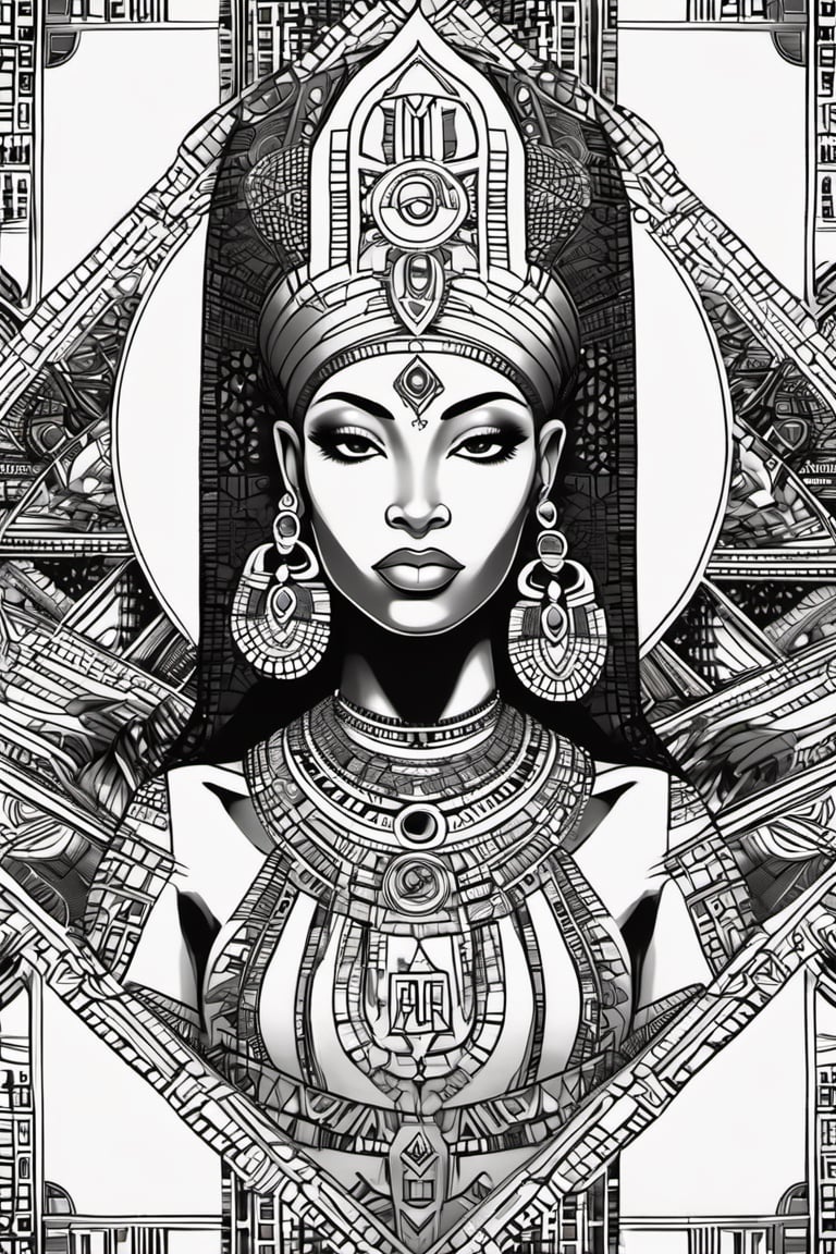 black and white comic book, cartoon illustration, coloring book page, black woman, egyptian art, ankh, pyramid, djed,  illustration,  black and white coloring book style, clean, line art, fractal art, sacred geometry, 432hz cymatics, kemet, african meditation, 7 energy chakras,3d style,tshirt design,gh3a,c0l0 style,lofi