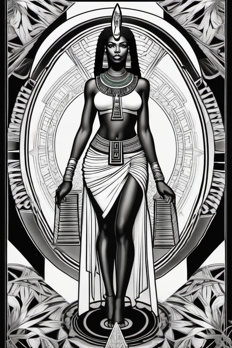 black woman, egyptian art, ankh, pyramid, djed,  illustration, black and white, clean, line art, fractal art, sacred geometry, black and white, adult black and white coloring book style, 432hz cymatics, kemet, african meditation, 7 energy chakras,Leonardo Style