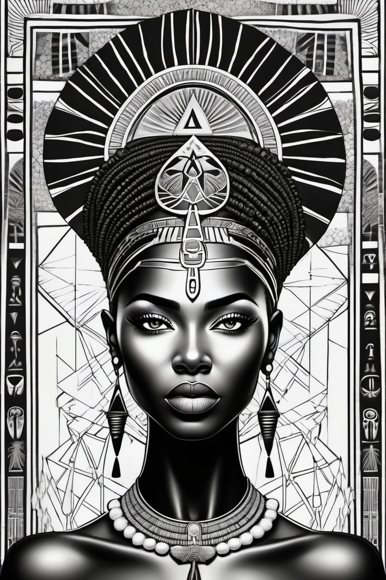 black woman, egyptian art, ankh, pyramid, djed,  illustration, black and white, clean, line art, fractal art, sacred geometry, black and white, adult black and white coloring book style, 432hz cymatics, kemet, african meditation, 7 energy chakras,Leonardo Style