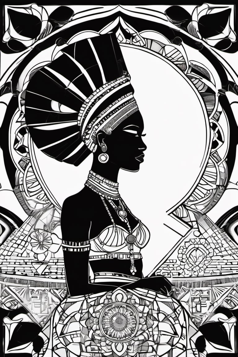 black and white comic book, cartoon illustration, coloring book page, black woman, egyptian art, ankh, pyramid, djed,  illustration,  black and white coloring book style, clean, line art, fractal art, sacred geometry, 432hz cymatics, kemet, african meditation, 7 energy chakras,3d style,tshirt design,gh3a,c0l0 style,lofi