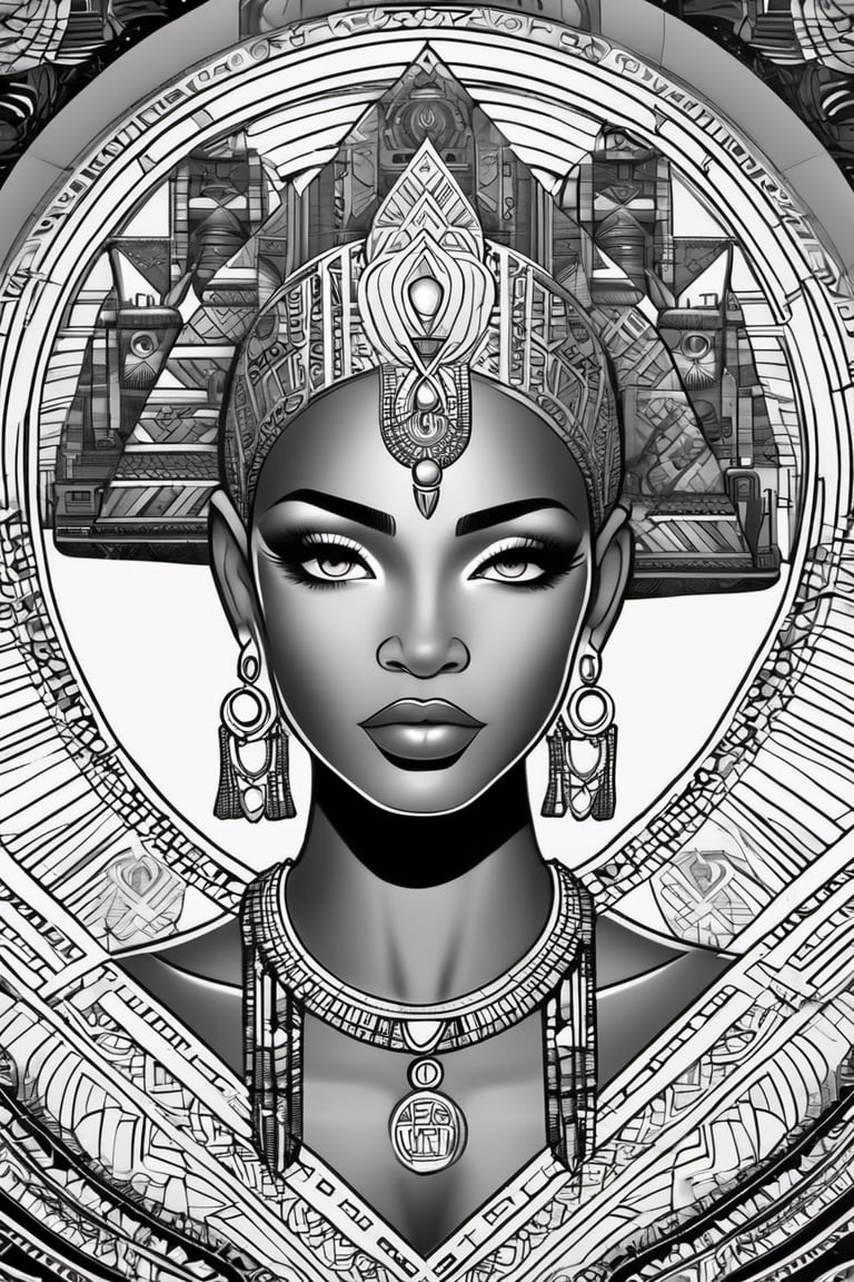 black and white comic book, cartoon illustration, coloring book page, black woman, egyptian art, ankh, pyramid, djed,  illustration,  black and white coloring book style, clean, line art, fractal art, sacred geometry, 432hz cymatics, kemet, african meditation, 7 energy chakras,3d style,tshirt design,gh3a,c0l0 style,lofi