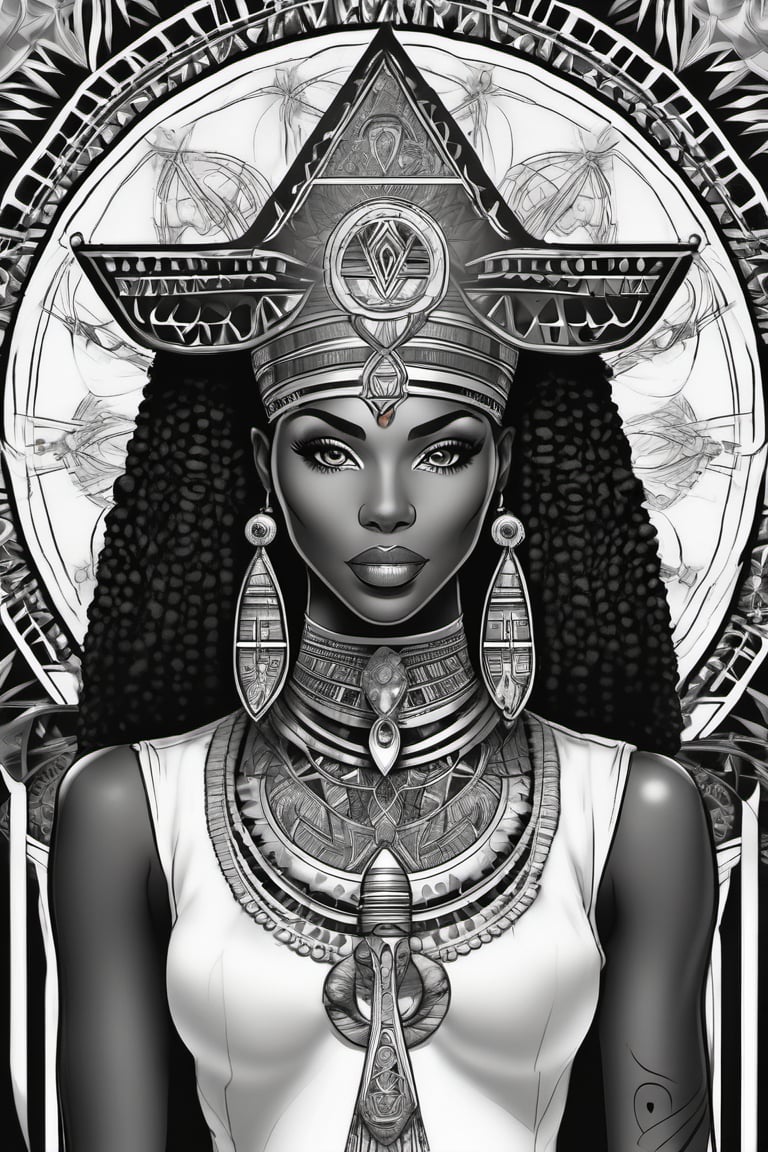 black woman, egyptian art, ankh, pyramid, djed,  illustration, black and white, clean, line art, fractal art, sacred geometry, black and white, adult black and white coloring book style, 432hz cymatics, kemet, african meditation, 7 energy chakras,Leonardo Style