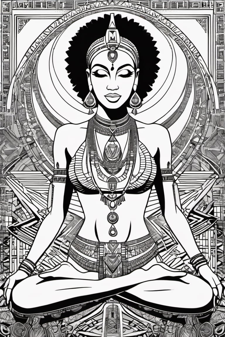 black and white comic book, cartoon illustration, coloring book page, black woman, egyptian art, ankh, pyramid, djed,  illustration,  black and white coloring book style, clean, line art, fractal art, sacred geometry, 432hz cymatics, kemet, african meditation, 7 energy chakras,3d style,tshirt design,gh3a,c0l0 style