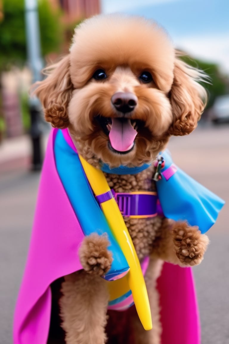 dog, a colorful town, a superhero poodle, wearing a special toothbrush cape and toothpaste mask, flying around the town, sparkly blue toothbrush cape, her toothpaste mask had a big, bright smile
