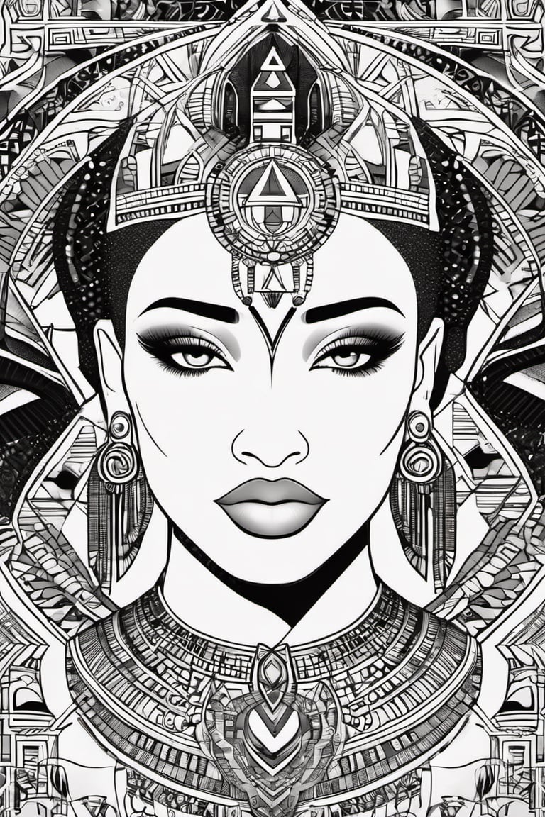 black and white comic book, cartoon illustration, coloring book page, black woman, egyptian art, ankh, pyramid, djed,  illustration,  black and white coloring book style, clean, line art, fractal art, sacred geometry, 432hz cymatics, kemet, african meditation, 7 energy chakras,3d style,tshirt design,gh3a,c0l0 style