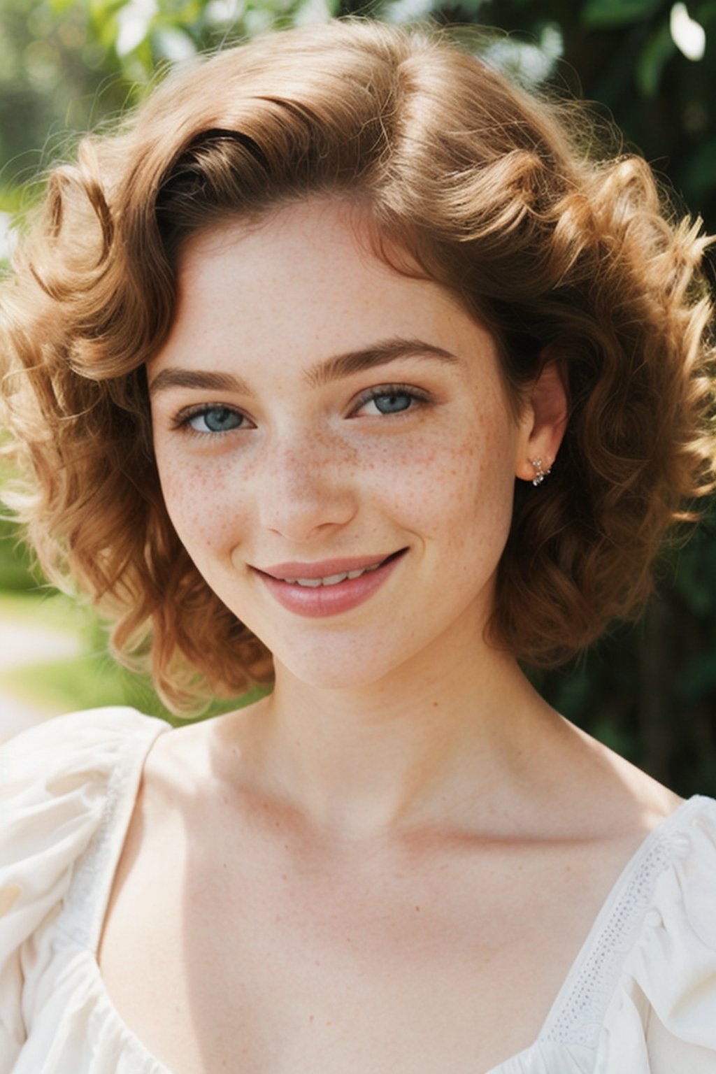 beautiful lady, (smiling)+, curly hair, white skin, makeup, hyperdetailed photography, soft light, head and shoulders portrait, cover,(freckles)