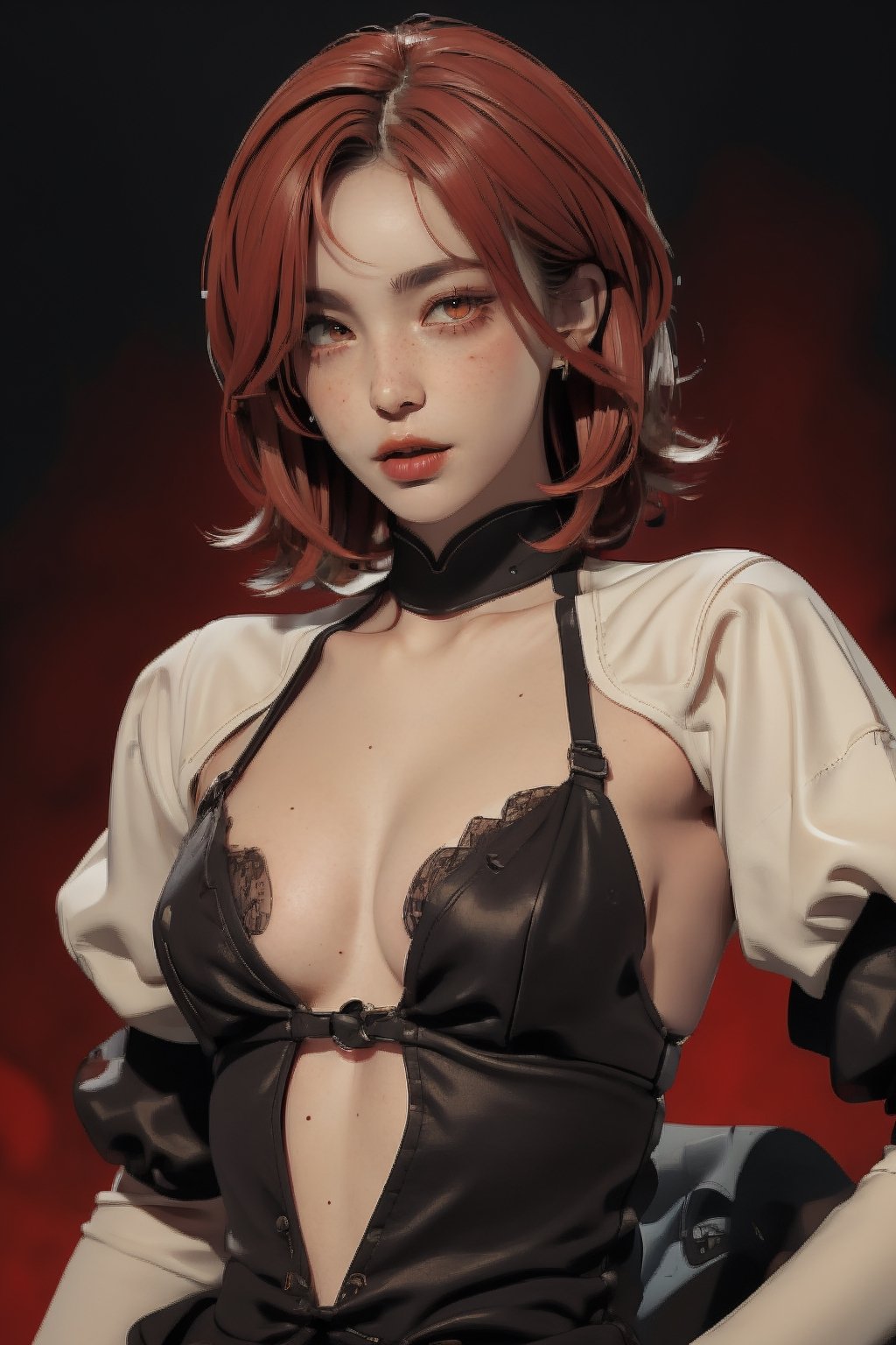 Characater Design, a 20 yo woman, red_eye, (hi-top fade:1.3), dark theme, soothing tones, muted colors, high contrast, (natural skin texture, hyperrealism, soft light, sharp),yorha no. 2 type b,zbxr, red_hair, Red_head, visible_cleavage, red_eye, red_hair, redhair, full_body, fully_dressed, freckles, visible_pores