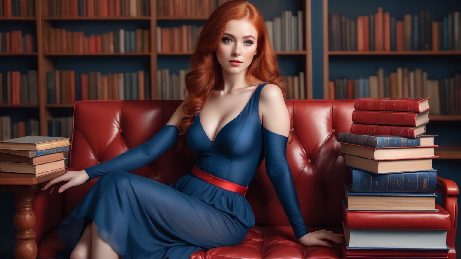 A (((beautiful young woman with red hair))), dressed in a (((blue and red outfit))), posing elegantly on a bench in a ((room)), with an air of confidence and seduction. Her gaze falls softly upon the viewer, surrounded by an array of books that add an intellectual and artful atmosphere. The combination of the woman's attire, her gaze, and the presence of the books creates an erotic and intriguing scene that captures the viewer's attention. nsfw