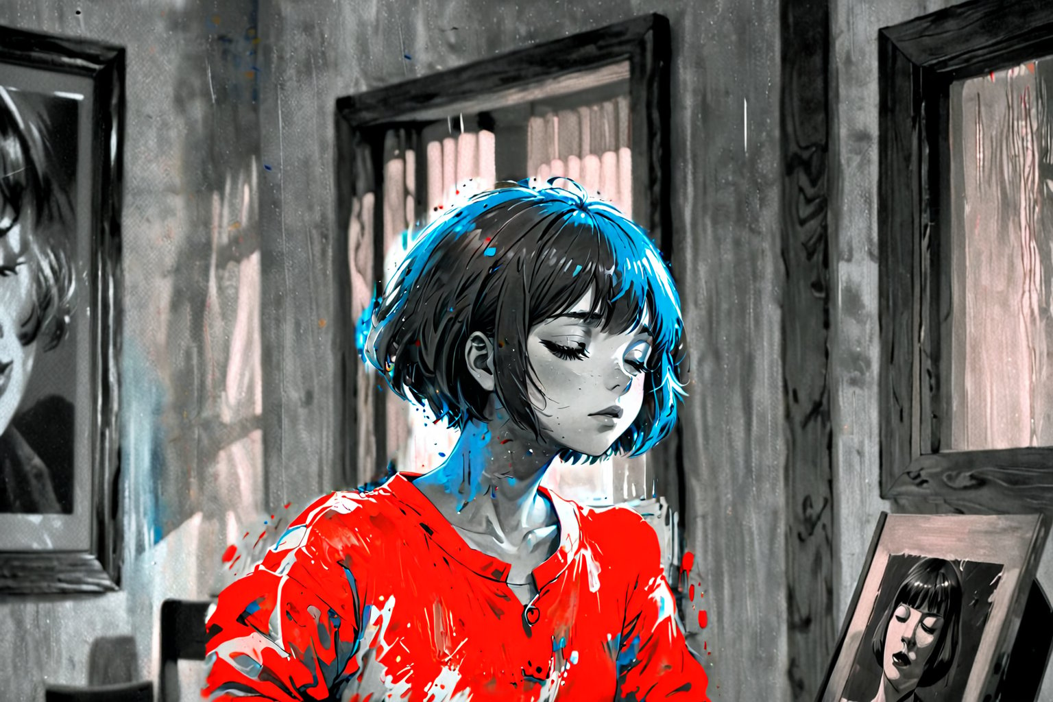 1girl, solo, short hair, bangs, monochrome, closed eyes, greyscale, indoors, painting \(object\)