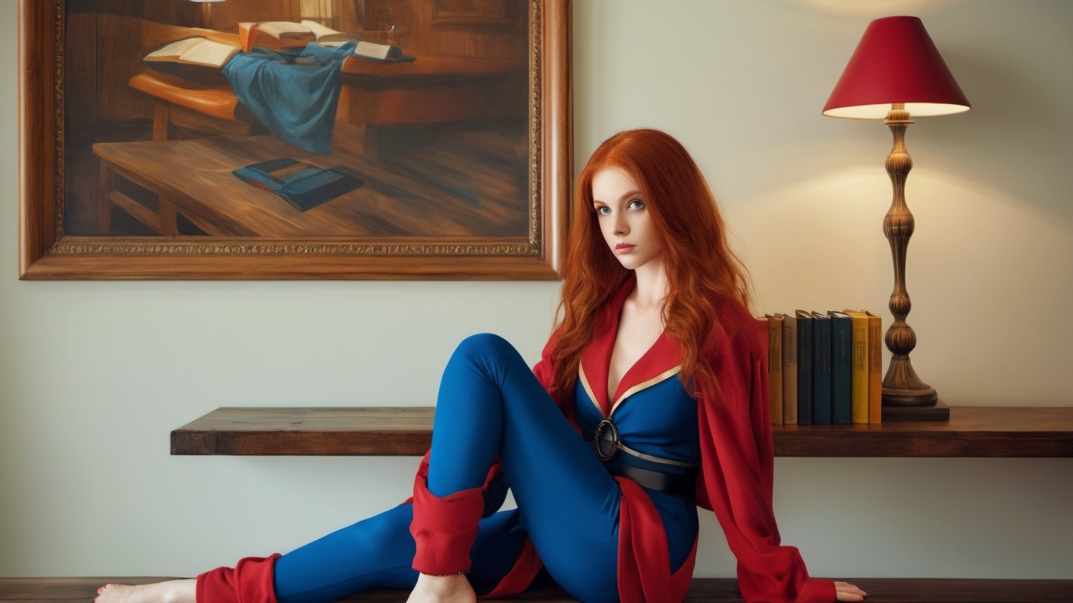 A (((beautiful young woman with red hair))), dressed in a (((blue and red outfit))), posing elegantly on a bench in a ((room)), with an air of confidence and seduction. Her gaze falls softly upon the viewer, surrounded by an array of books that add an intellectual and artful atmosphere. The combination of the woman's attire, her gaze, and the presence of the books creates an erotic and intriguing scene that captures the viewer's attention. nsfw,xxmixgirl