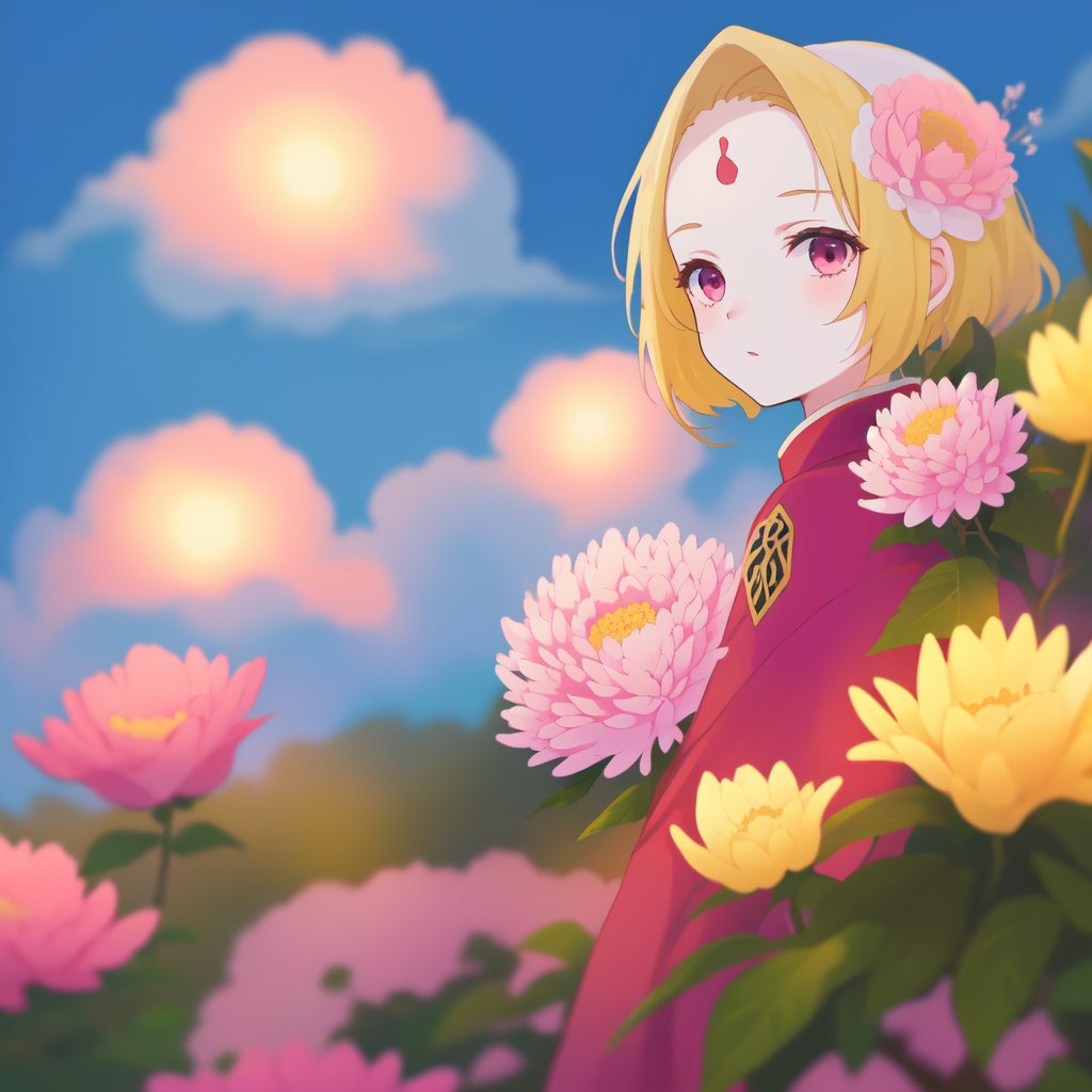   (upper body:1.2), Polychrome, 1girl  with primary colors, (cloudy_sky with complementary colors),   volumetric lighting, depth of field,  perfect anatomy,  (1 Chinese patterns in the middle of the girl's forehead),  white flower, pink flowers,