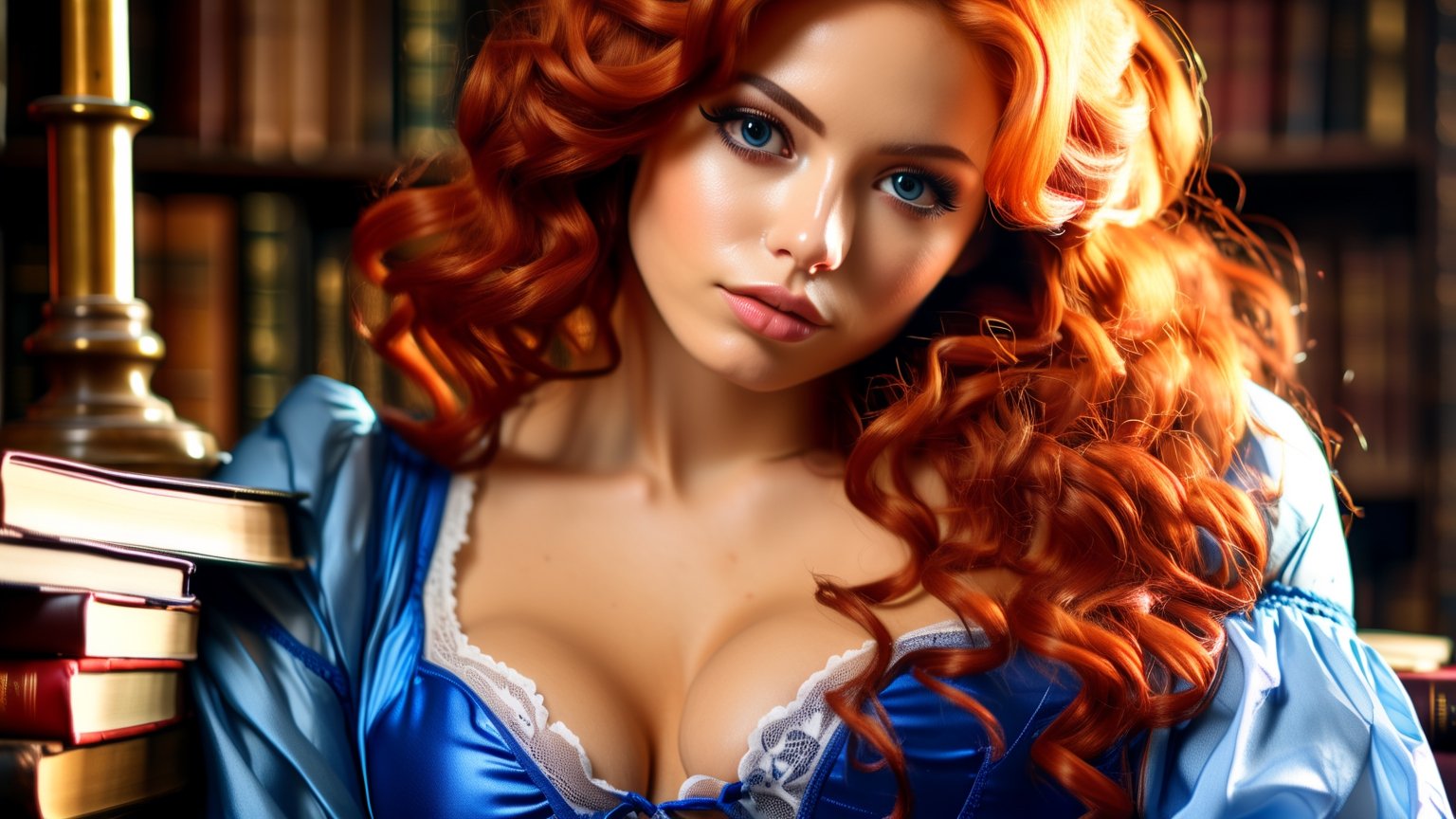 A (((beautiful young woman with red hair))), dressed in a (((blue and red outfit))), posing elegantly on a bench in a ((room)), with an air of confidence and seduction. Her gaze falls softly upon the viewer, surrounded by an array of books that add an intellectual and artful atmosphere. The combination of the woman's attire, her gaze, and the presence of the books creates an erotic and intriguing scene that captures the viewer's attention. nsfw