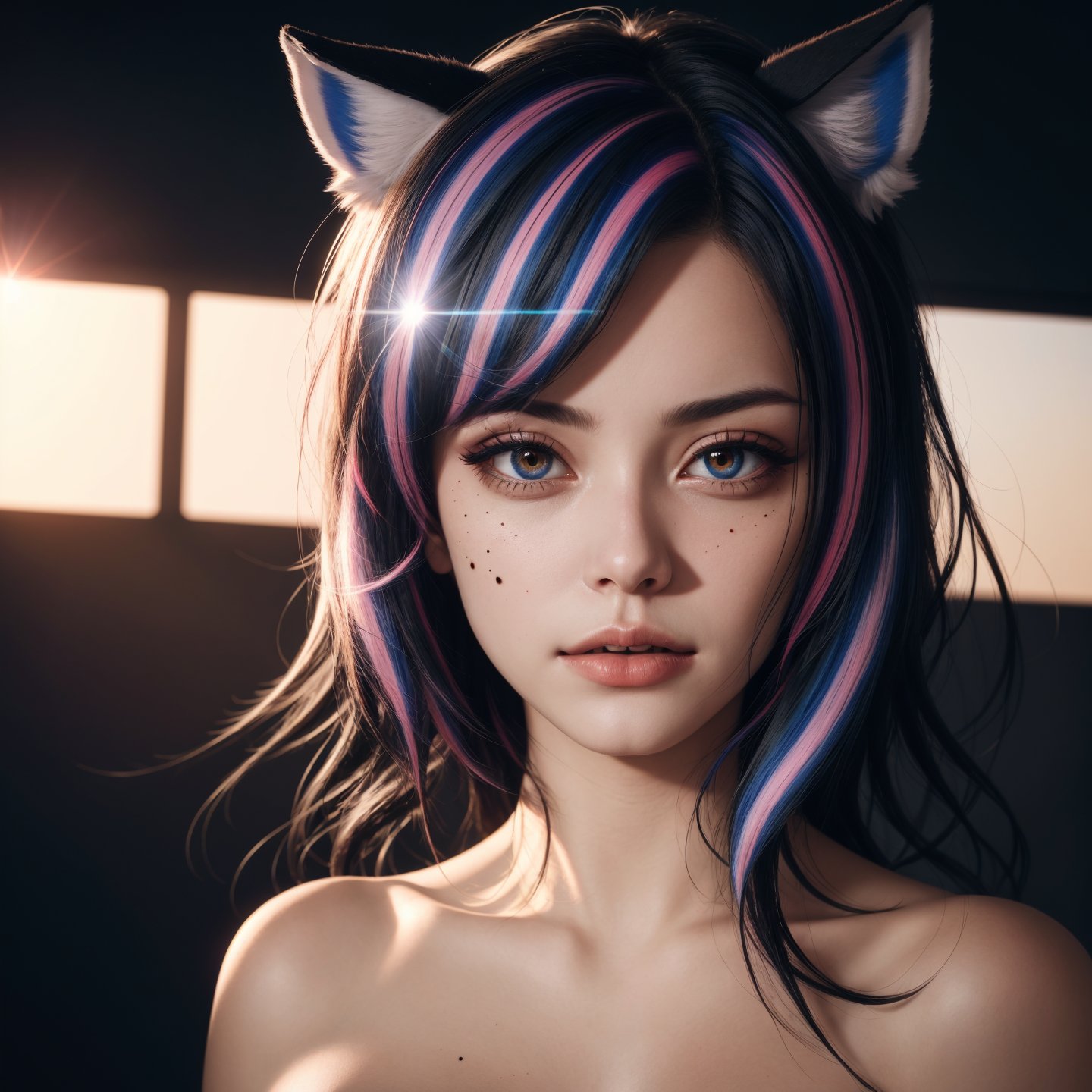 Surrealism, chiaroscuro, erotic, primary colors, streaked hair, halo, mole under eye, animal ears, makeup,  afterimage, first-person view, lens flare, UHD