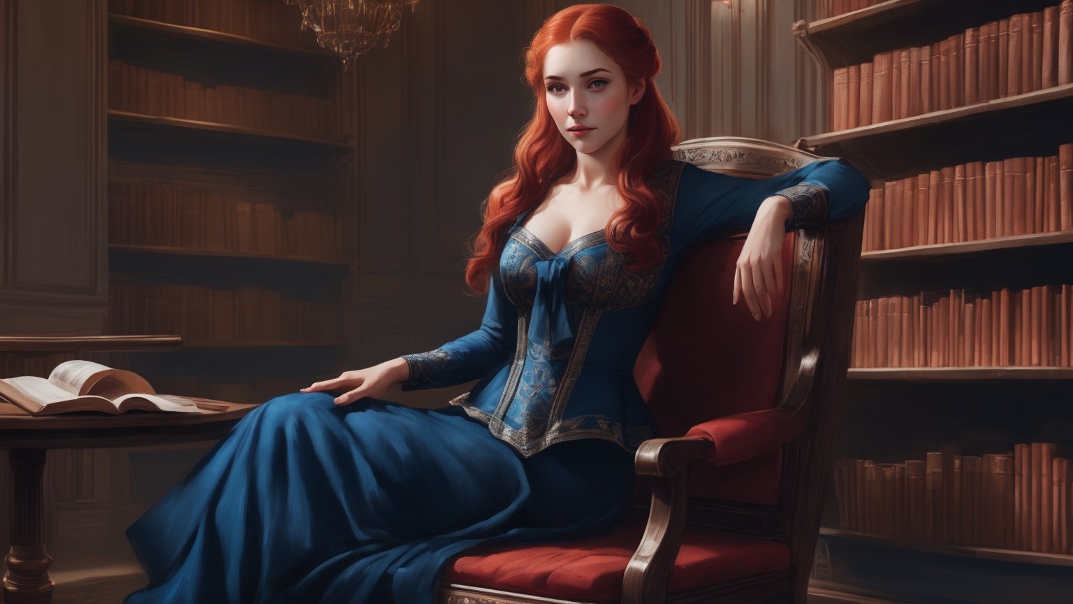 A (((beautiful young woman with red hair))), dressed in a (((blue and red outfit))), posing elegantly on a bench in a ((room)), with an air of confidence and seduction. Her gaze falls softly upon the viewer, surrounded by an array of books that add an intellectual and artful atmosphere. The combination of the woman's attire, her gaze, and the presence of the books creates an erotic and intriguing scene that captures the viewer's attention. nsfw,