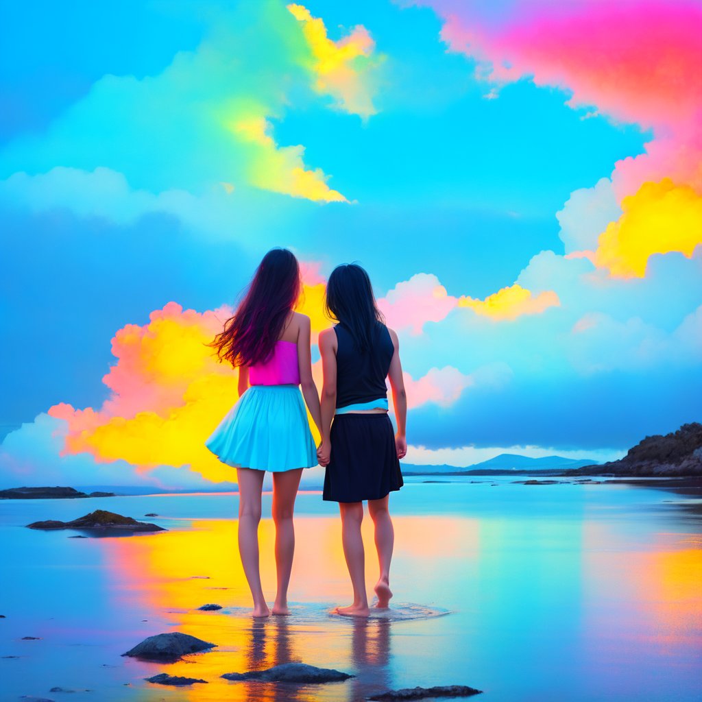  1boy, 1girl, long hair, black hair, dress, skirt hold, wading, sleeveless, barefoot, bare shoulders, standing, from behind, outdoors, cloud, sky, bird, colorful water, rainbow, erotic,  Polychrome, limited palette, colorful, main subject with primary colors, background with complementary colors, volumetric lighting, depth of field, realistic, 