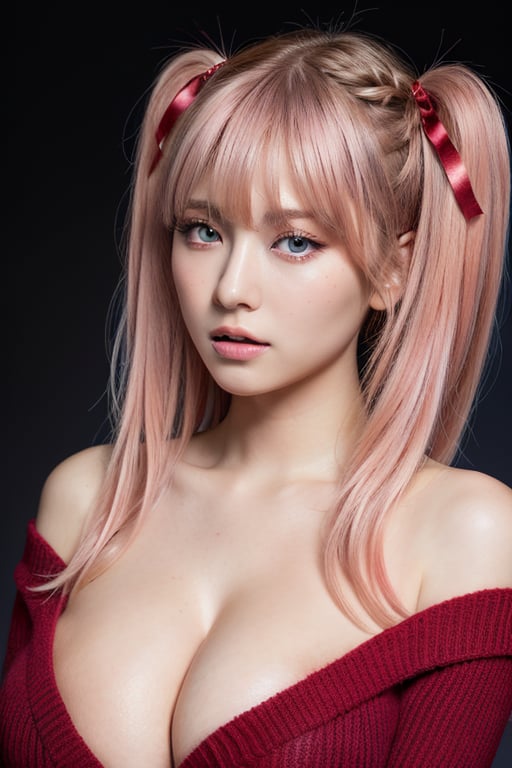 1girl, solo, long hair, sweater, red sweater, pink hair, simple background, two side up, blue eyes, lips, closed mouth, ribbon, hair ribbon, bangs, upper body, parted bangs, black ribbon, pigtail, nose,real,dark studio,3DMM, masterpiece, best quality, ultra-detailed,(1girl),beautiful detailed eyes, looking at viewer, (breast focus),(from above:1.1), pink hair, (huge breasts:1.9), (breasts out:1.9), big_boobs ,(off shoulder:1.1), dark blue gradient subtly glowing background