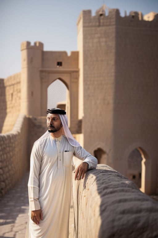 a man in a white outfit leaning against a stone wall within an old omani fort, shallow depth of field, high dynamic range