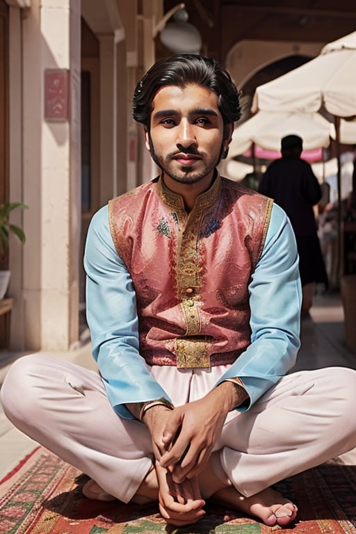 A young Omani man in his early 20s sits cross-legged on a rug in the middle of a souq. He is wearing a traditional dishdasha, a thobe, or a shalwar kameez. The clothing is white or light blue, and it is decorated with intricate embroidery. He has short, dark hair that is neatly combed. He has a well-trimmed beard that is also dark. His dark brown eyes are framed by thick, dark eyebrows. He has a handsome face with high cheekbones and a strong jawline. He is looking directly at the viewer with a confident expression. In his hands, he holds a traditional Omani coffee pot. The background is a traditional Omani souq, with stalls selling all sorts of goods. There are people walking around, and there is a hustle and bustle of activity.