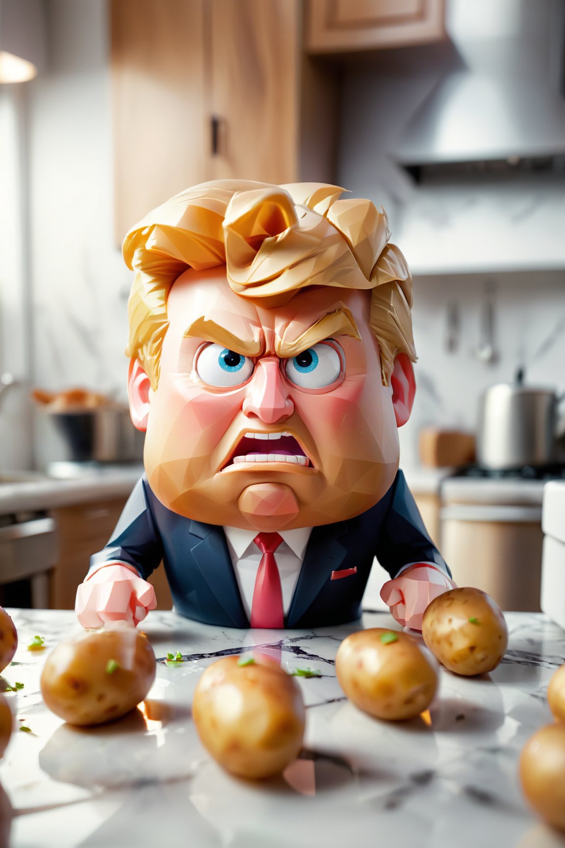 cinematic photo Photo of a potato that looks like Donald Trump, laying on a marble table in a kitchen,Potatoes have Donald Trump's hair,He was very angry. 35mm photograph, film, bokeh, professional, 4k, highly detailed
