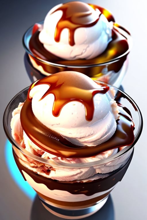 best quality, masterpiece, (photorealistic:1.4), icecream with caramel on the top, in glass, white background.
