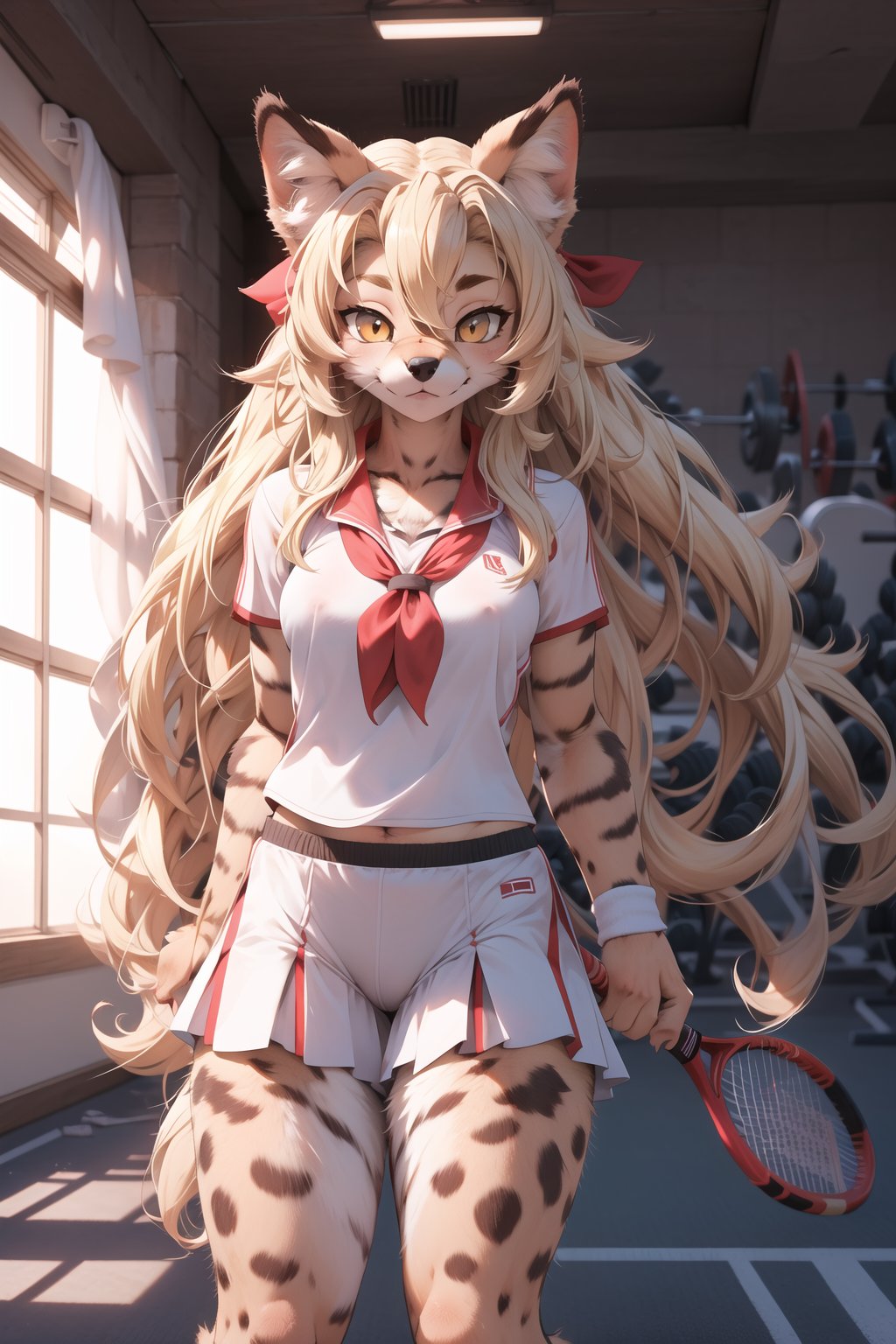 solo,masterpiece, 8k,best quality ,furry girl,8k,hdr,hires,high detail fur,servalcat,perfect anatomy,blonde,long hair,look at looking at viewer,tennis uniform,gym,red neckchief,soumao,3DMM,nijistyle,sexy