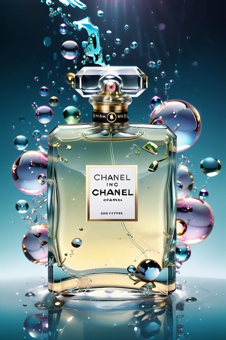 Ultra detailed illustration of the phantasmagorical figure of a Chanel perfume resting on water, with transparent translucent glass, confetti and soap bubbles flowing and resembling steam in the water, sprays and splashes of perfume swirl in the air, art by Mschiffer, glow in the neon, particles of light, colourful, CMYK colours, backlighting, results for a cinema advertisement, Alberto Seveso style, work of beauty and inspiration, realistic photo with lights, shadows and reflections, to make the work a true masterpiece 8k ultra hdr