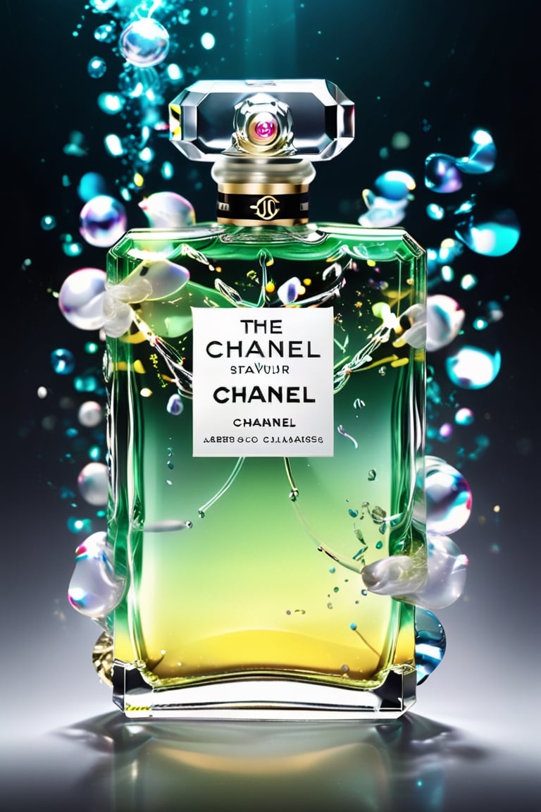 Ultra detailed illustration of the phantasmagoric figure of a Chanel perfume with translucent glass, flowing and voluminous confetti resembling steam in water, Mschiffer art, neon glow, light particles, colorful, CMYK colors, backlight, results for an advertisement cinematic, Alberto Seveso style, work of beauty and inspiration,Glass Elements