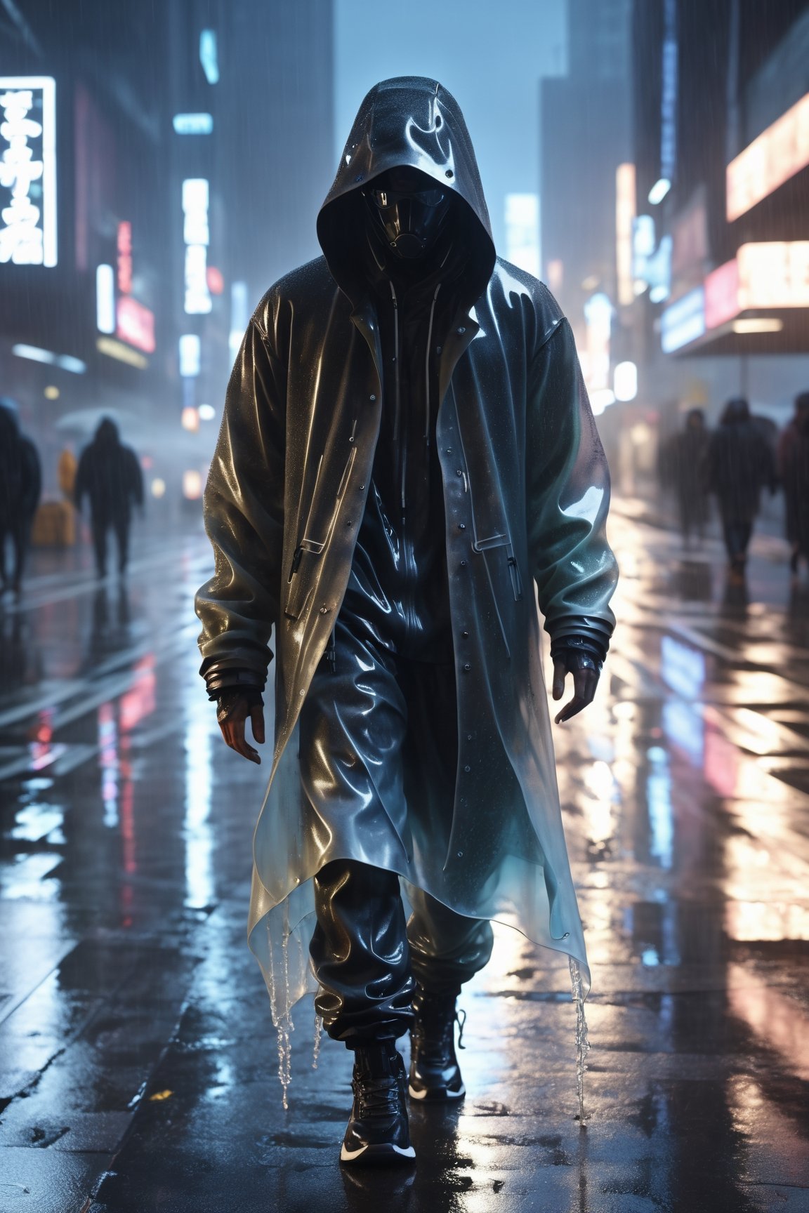 (8K, raw photo, best quality, masterpiece: 1.2), sharp focus, a man walking with a hood, wavy modern cyberpunk style in translucent resin, obscured face, detailed clothes and shoes, perfect proportions, animated GIFs, wallpaper by an apocalyptic city with rain and puddle of water with reflections, lights and shadows, HDR