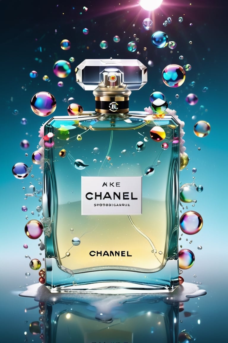 Ultra detailed illustration of the phantasmagorical figure of a Chanel perfume resting on water, with transparent translucent glass, confetti and soap bubbles flowing and resembling steam in the water, sprays and splashes of perfume swirl in the air, art by Mschiffer, glow in the neon, particles of light, colourful, CMYK colours, backlighting, results for a cinema advertisement, Alberto Seveso style, work of beauty and inspiration, realistic photo with lights, shadows and reflections, to make the work a true masterpiece 8k ultra hdr