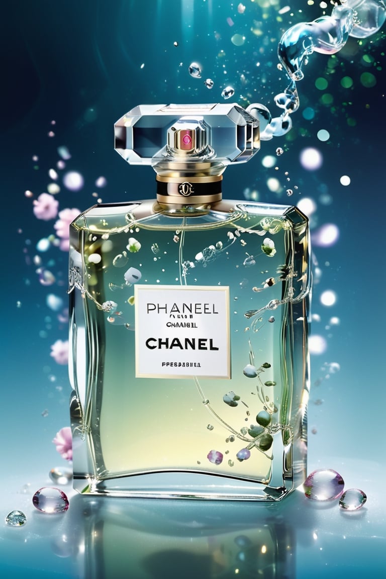 Ultra detailed illustration of the phantasmagoric figure of a Chanel perfume resting on water with transparent translucent glass, flowing and voluminous confetti and flowers resembling steam in the water, sprays and splashes of perfume swirl in the air, art by Mschiffer, neon glow, particles of light, coloured, CMYK colours, backlighting, results for a cinematographic advertisement, Alberto Seveso style, work of beauty and inspiration,