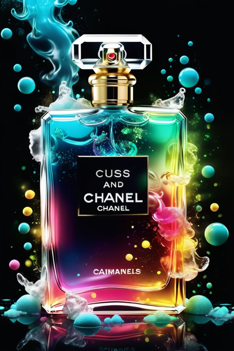 Ultra detailed illustration of the phantasmagoric figure of a Chanel perfume with translucent glass, flowing and voluminous confetti resembling steam in water, Mschiffer art, neon glow, light particles, colorful, CMYK colors, backlight, results for an advertisement cinematic, Alberto Seveso style, work of beauty and inspiration,