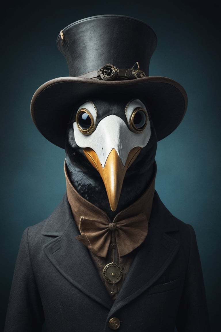 "Generate an image using StyleGAN of a penguin wearing a plague doctor mask. Envision the penguin adorned with a miniature version of the historical plague doctor mask, complete with a beak-shaped filter. Capture the whimsical contrast between the penguin's adorable appearance and the mysterious, historical aesthetic of the mask. Optimize for a visually intriguing composition that combines the charm of a penguin with the enigmatic allure of a plague doctor mask through StyleGAN."