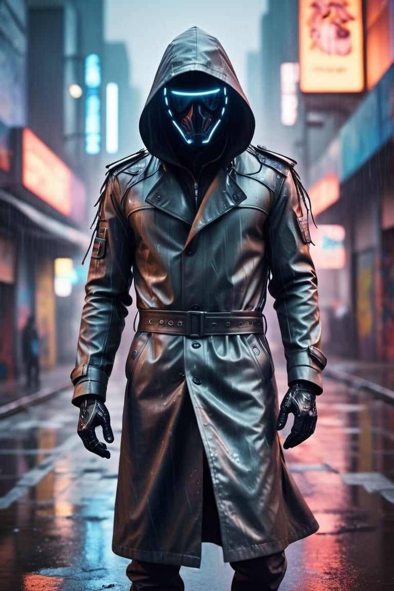  hooded man with obscured face in an apocalyptic city, with gas and smoke leaks, stormy sky rain and wet streets with reflections in puddles of water A digital masterpiece, modern art, full body, Sharp Focus, epic light, beautiful volumetric lighting, neon lights, very intense colors, vibrant colors, chromatic aberration, long exposure photography, professional 35mm digital SLR camera with Nikon AF lens S Nikkor, professional photography, UHD, 8K, Cyberpunk, horror, very powerful aura, fog, sci-fi film, "In a futuristic cyberpunk setting, a lone man hacker woman plunges into a world of chaotic data and glowing lines of code. His eyes reflect the duality of technology and urban decay as you navigate through distorted digital landscapes. Expresses the fusion of reality and virtuality, capturing the essence of controlled chaos in this technological universe. Uses vibrant colors and dynamic shapes to convey the energy and complexity of this cyber world ", ((very long hair with braids)), ((punk crest)),(ceramic skin), ((Urban Tribe: punk)), (neural network, AI, nanotechnology), ((fusion of present, past and future)), (very long black leather and vinyl trench coat), Extremely Realistic,oil paint,more detail XL,cyberpunk style,cyborg style,cyberpunk,Leonardo Style,DonMCyb3rN3cr0XL ,Techno-witch,occultist,cyborg,cinematic  moviemaker style,