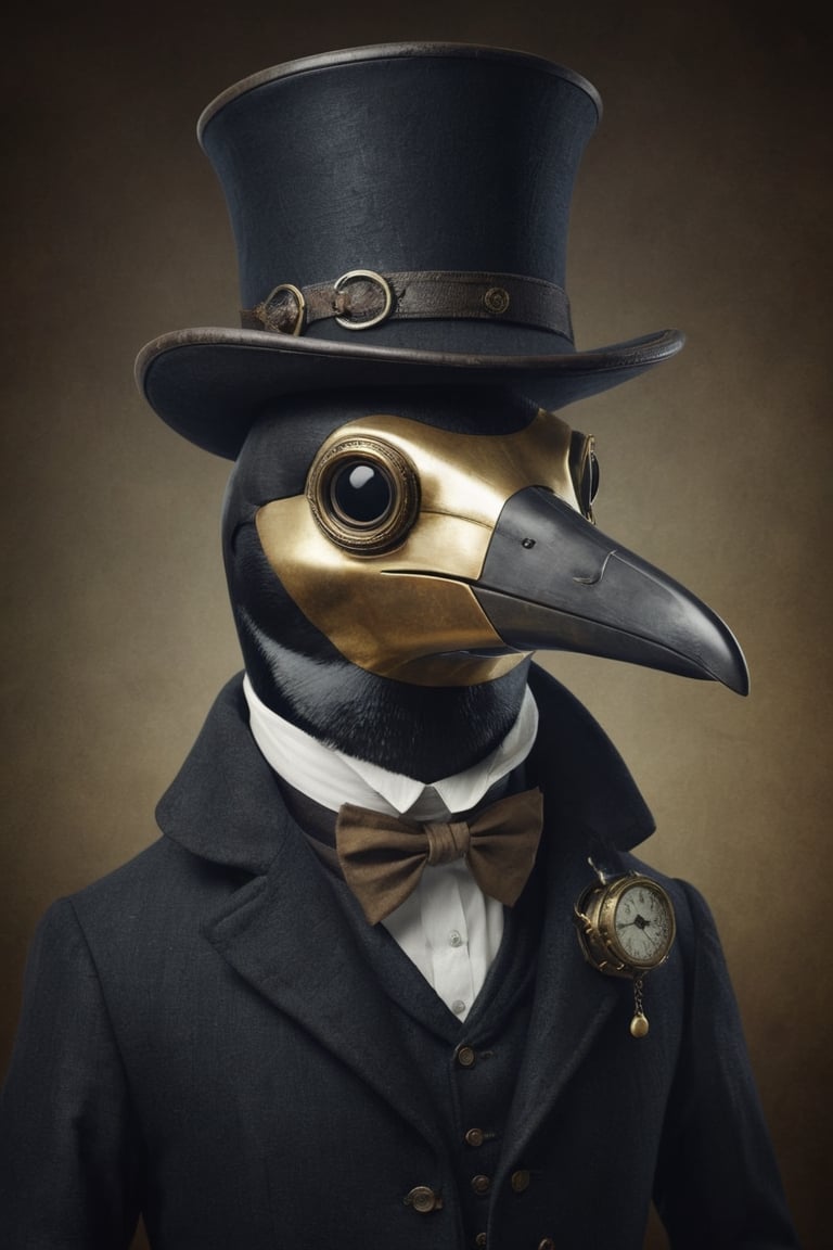 "Generate an image using StyleGAN of a penguin wearing a plague doctor mask. Envision the penguin adorned with a miniature version of the historical plague doctor mask, complete with a beak-shaped filter. Capture the whimsical contrast between the penguin's adorable appearance and the mysterious, historical aesthetic of the mask. Optimize for a visually intriguing composition that combines the charm of a penguin with the enigmatic allure of a plague doctor mask through StyleGAN."