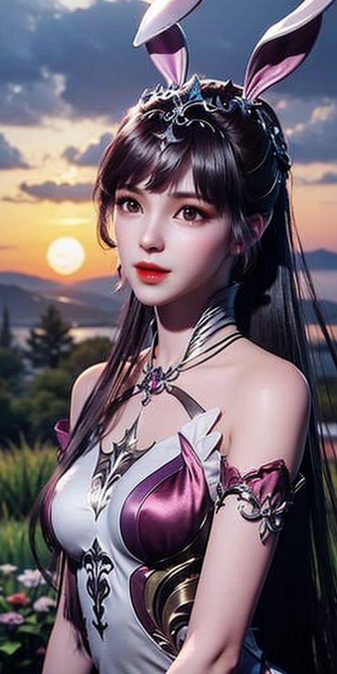 1girl,（Rabbit Ear Headwear）, bare shoulders, black hair, breasts, full moon, lips, long hair, looking at viewer, medium breasts,  purple hair, sky, solo, tiara,小舞