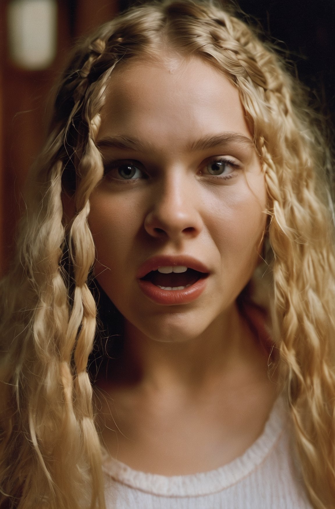 photo, swedish woman, age 19, blonde, braids, movie scene, (laughing:0.5), cinematic lighting, naked, suprised, mouth_open, shaved pussy, Portrait Photo a portrait,  hyperdetailed photography,    fully body,  young girl,  brooklyn,  looking straight to camera,  sweaty,  olya bossak,  very accurate photo,  suspiria, fully naked, naked breasts, mouth_open wide, cum_dripping, pleading. 