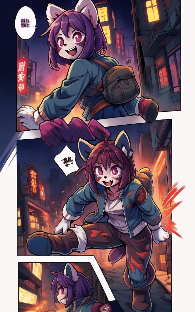 Comic, kawaii, master piece, beautiful girl in an abandoned zombie filled city, red_panda, paw_gloves, Fur_boots, animal_marking, face_paint, chocolate_hair, violet_eyes, furry_jacket,yofukashi background, zombies,hinata,1990s \(style\),kusanagi motoko,city,chundef, action_pose, battle_stance, back_pack,running,teenage , ripped_clothing, bloody_clothes, sweatpants,Circle,vectorstyle, happy_face, hungry,cammy sf6,c.c.,manga,manwha,chara-sheet,comic