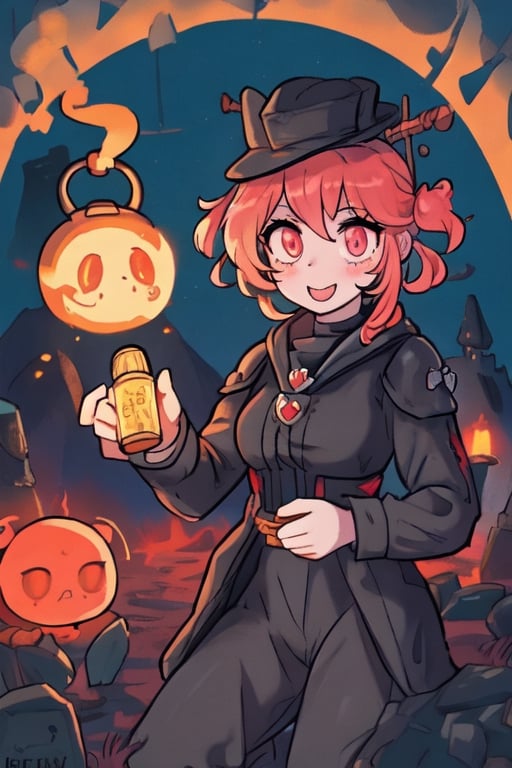 a cute and cheerful female Welsh 13th-century grave digger during the black plague with short strawberry blonde hair and ponytails and glowing ember eyes casting ghostly fire magic with an old magical miners lamp, in a haunted mountain town. kawaii, plague doctor