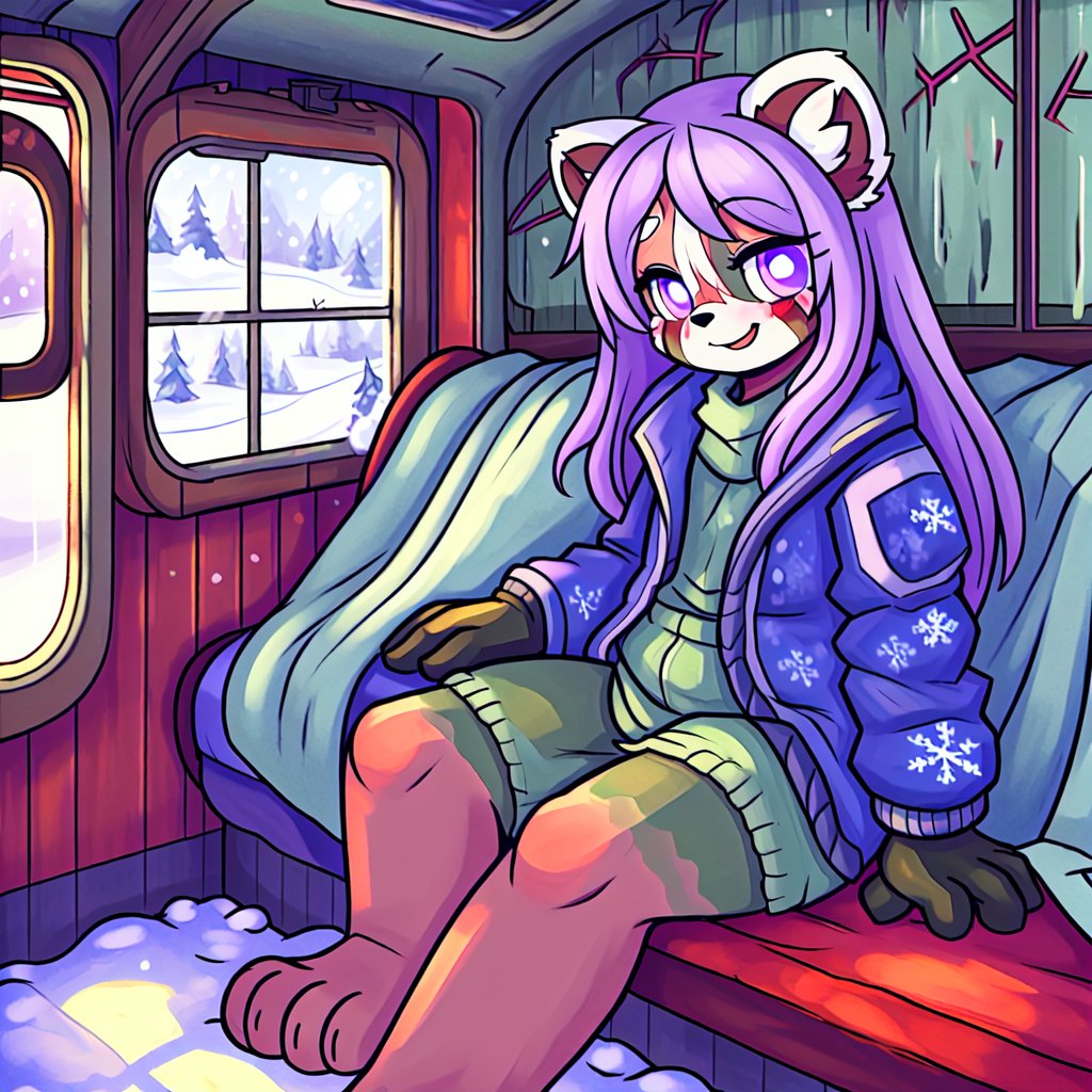 1930s (style), kawaii, indoors, high_resolution, digital_art,|inside a broken down dirty, old abandoned train car with the soft winter sun shinning softy through the windows| old blankets, bench,old mattress, ruck_sack, oil_lanterns, sack| red_panda, anthromorph, violet_fur, curvy_figure| long_lavender_hair, bed_head, streaked_hair| sapphire_eyes, cute_fang, body scars| cute, ripped_clothing, green_winter_clothes, stained_jacket, gloves|, happy_face, arms_crossed,teenage, crossed_legs_(sitting), sickness,