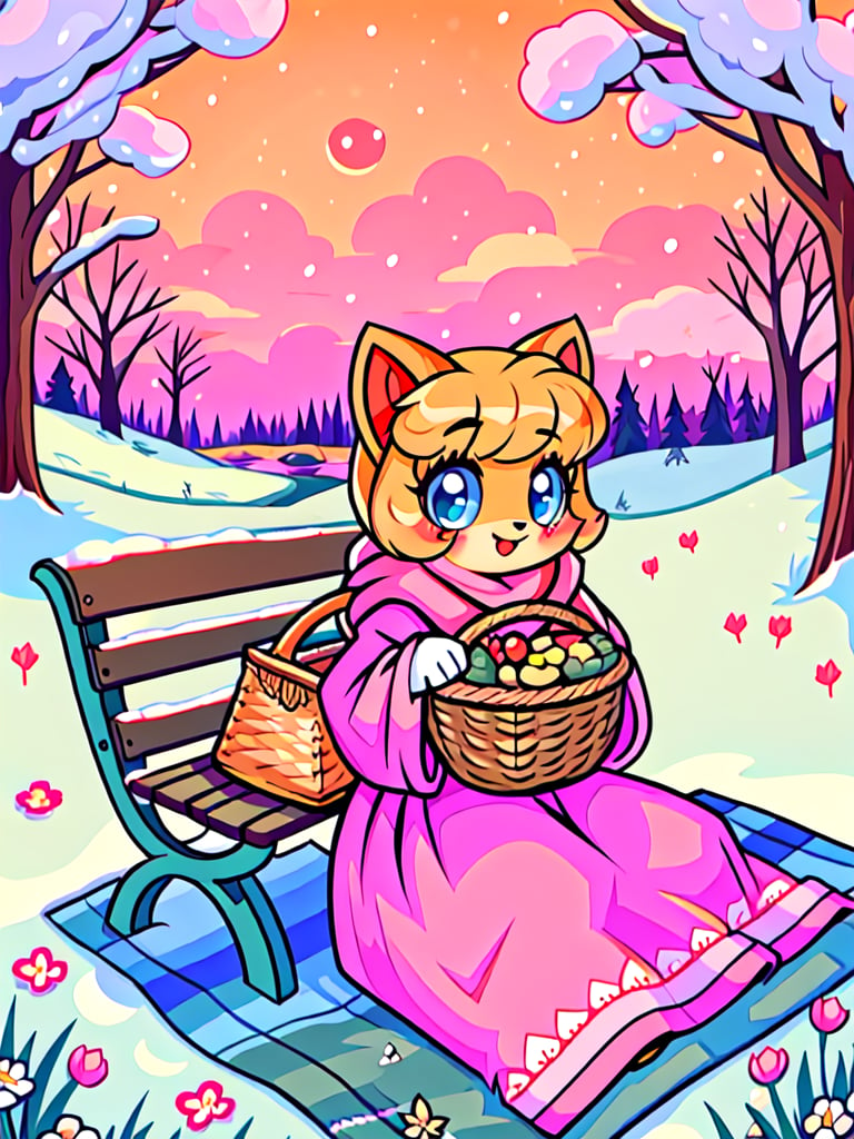 Solo_female,1930s (style), kawaii, outdoor, high_resolution, digital_art,|,a flowery field on a cold winter afternoon next to a brook| old blankets, bench, picnic, ruck_sack, basket, sack|,vectorstyle