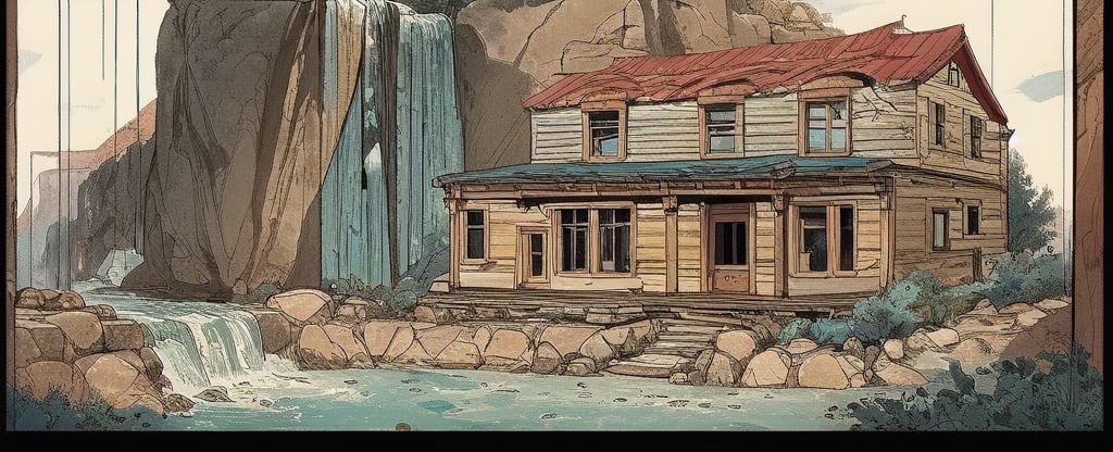 The Happy Bones Orphanage, a two-story Shotgun house with peeling paint and shattered windows, perched on the edge of a rugged canyon overlooking a cascading waterfall, kawaii, 1930s (style),isometric,ChineseWatercolorPainting,oil painting